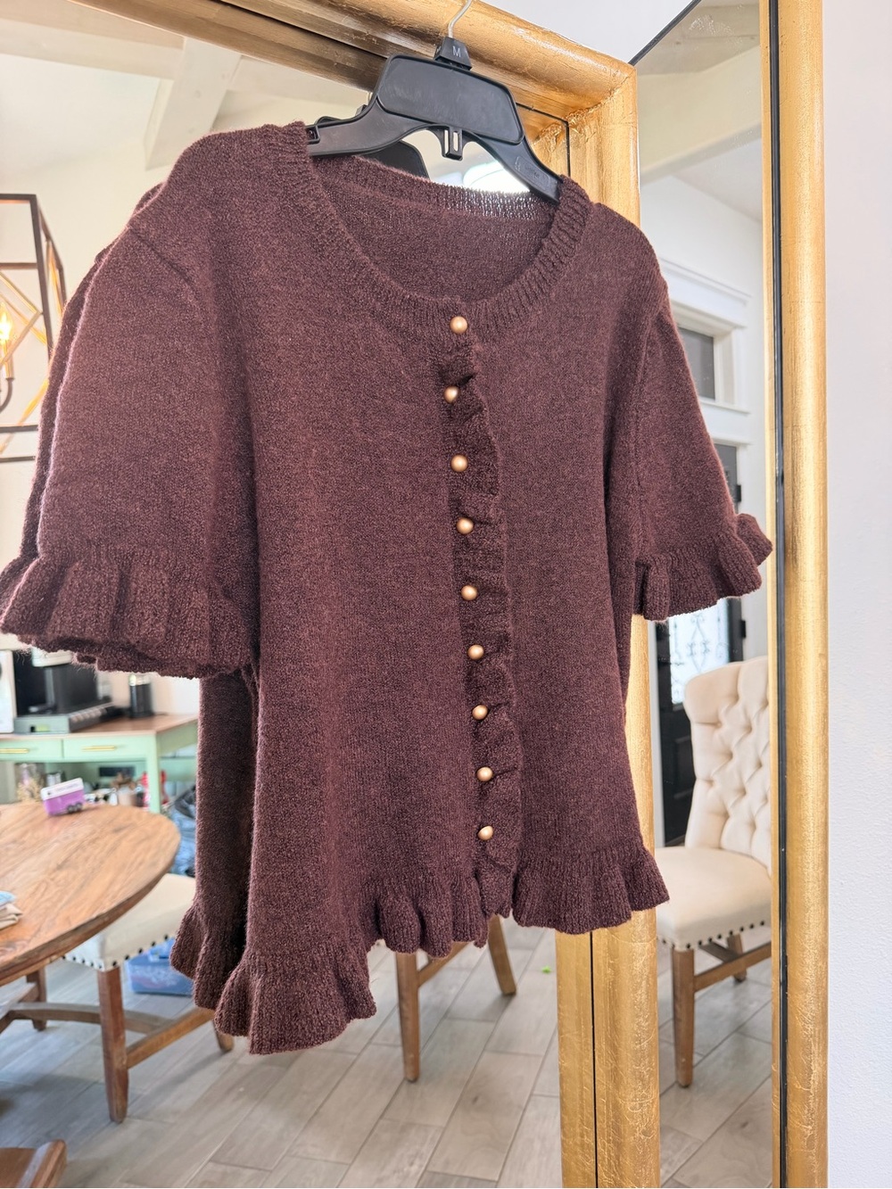 Brown Ruffle Button Knit Cardigan